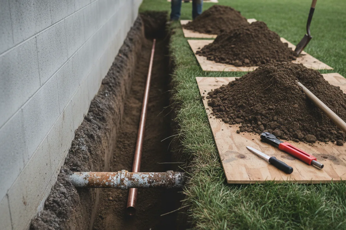 Excavated water line trench during Water Softener Installation in Deerfield Beach